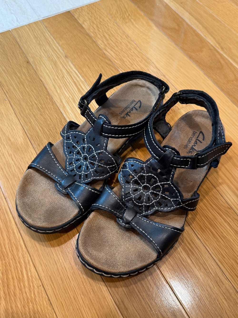 Clarks Kids Black Floral Cutout Leather Sandals